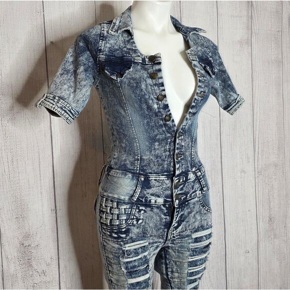 Y2K Acid Wash Distressed Denim Jumpsuit w Cut-outs, Bows & Woven Accents, sz 5 - Picture 4 of 14